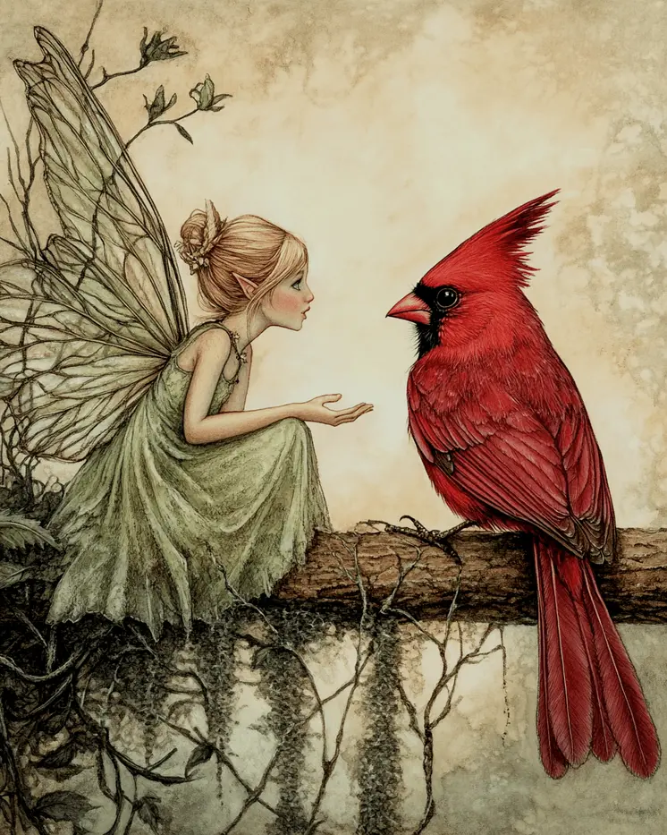 Fairy Confides in Cardinal (Bird) - Fairies Wall Art Prints – 8″x10″ Artwork for 11″x14″ Frame