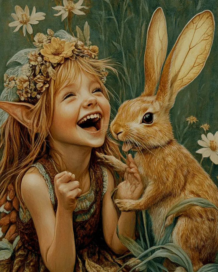 Fairy Laughs with Rabbit - Fairies Wall Art Prints – 8″x10″ Artwork for 11″x14″ Frame