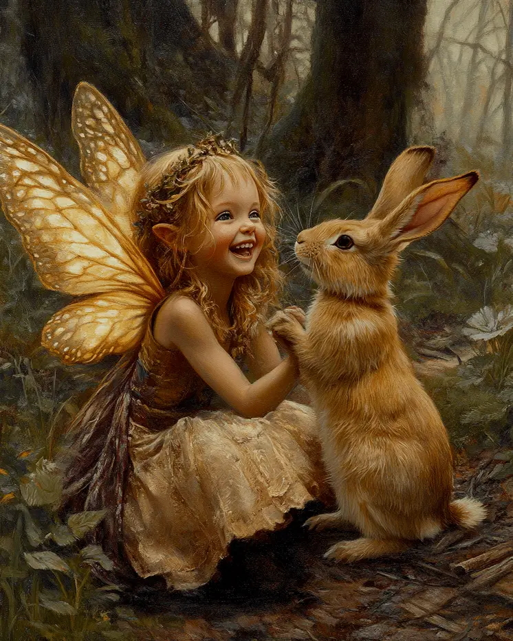 Fairy Laughing with Bunny Rabbit - Fairies Wall Art Prints – 8″x10″ Artwork for 11″x14″ Frame