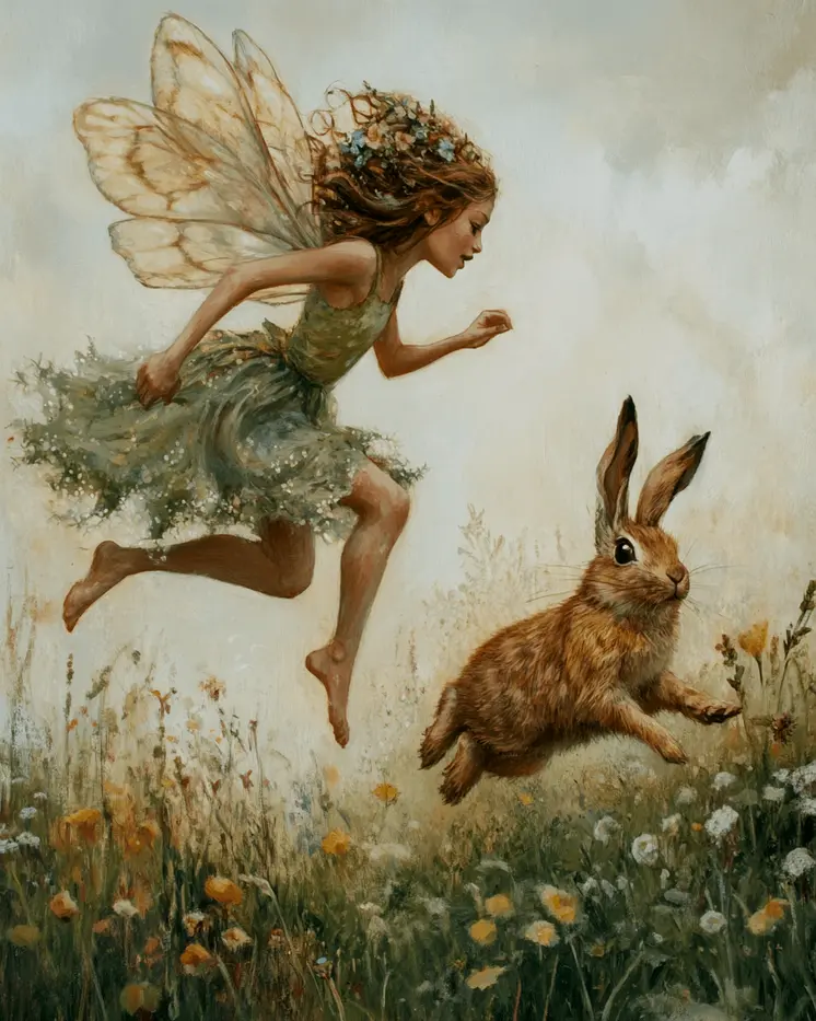 Fairy Jumping with Rabbit - Fairies Wall Art Prints – 8″x10″ Artwork for 11″x14″ Frame
