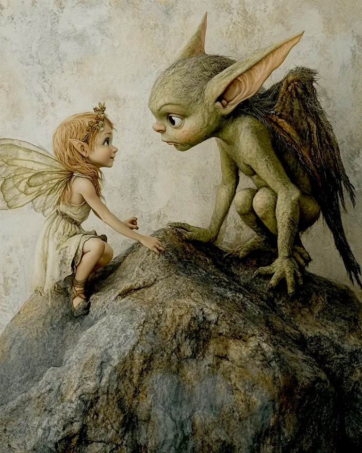 Fairy Gives Advice to Gremlin - Fairies Wall Art Prints – 8″x10″ Artwork for 11″x14″ Frame