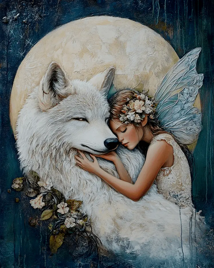 Full Moon White Fairy and White Wolf - Fairies Wall Art Prints – 8″x10″ Artwork for 11″x14″ Frame