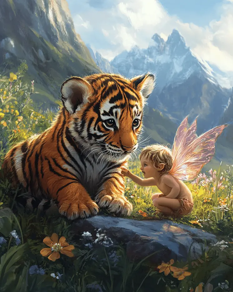 Fairy with Tiger Cub - Fairies Wall Art Prints – 8″x10″ Artwork for 11″x14″ Frame