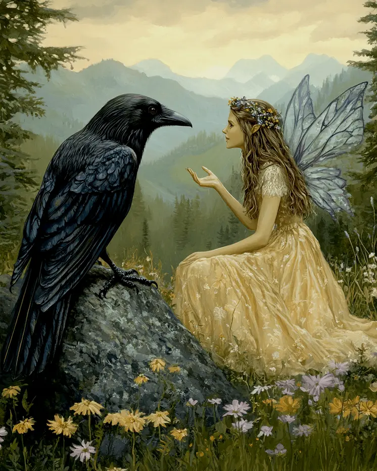Fairy Confiding in a Raven - Fairies Wall Art Prints – 8″x10″ Artwork for 11″x14″ Frame