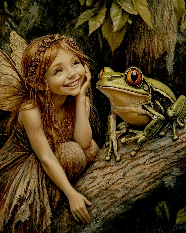 Fairy Laughing with Frog - Fairies Wall Art Prints – 8″x10″ Artwork for 11″x14″ Frame