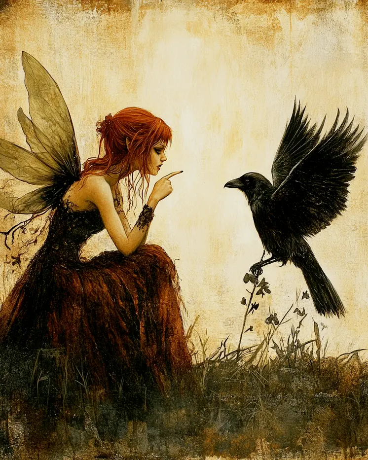 Fairy Scolding Raven - Fairies Wall Art Prints – 8″x10″ Artwork for 11″x14″ Frame