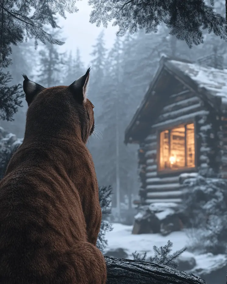 Mountain Lion Peering In - Log Cabin Companions Wall Art Prints – 8″x10″ Artwork for 11″x14″ Frame