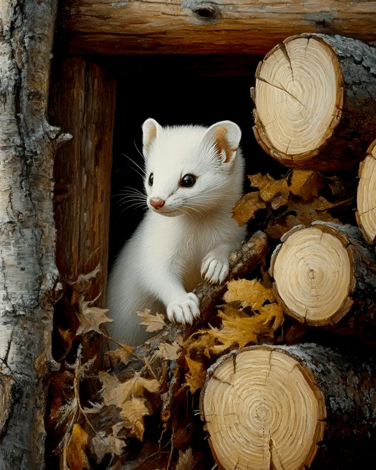 Ermine in the Woodpile - Log Cabin Companions Wall Art Prints – 8″x10″ Artwork for 11″x14″ Frame