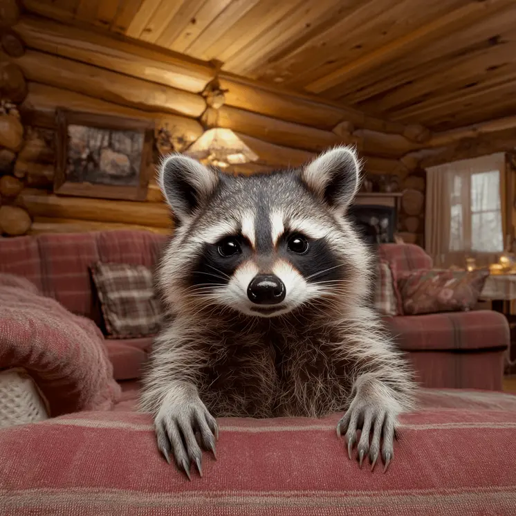 Raccoon in the Lodge - Log Cabin Companions Wall Art Prints – 8″x10″ Artwork for 11″x14″ Frame