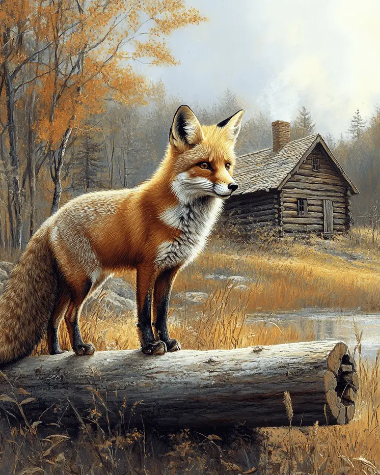 Red Fox in the Backyard - Log Cabin Companions Wall Art Prints – 8″x10″ Artwork for 11″x14″ Frame
