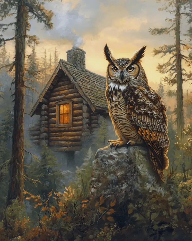 Great Horned Owl in the Backyard - Log Cabin Companions Wall Art Prints – 8″x10″ Artwork for 11″x14″ Frame