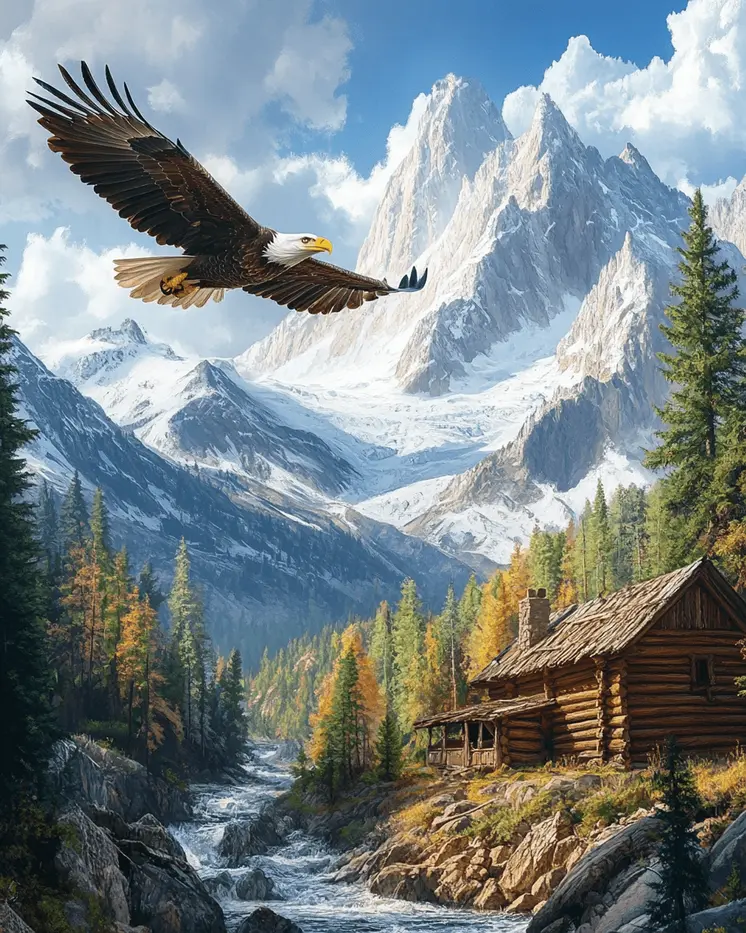 High Flying Bald Eagle - Log Cabin Companions Wall Art Prints – 8″x10″ Artwork for 11″x14″ Frame