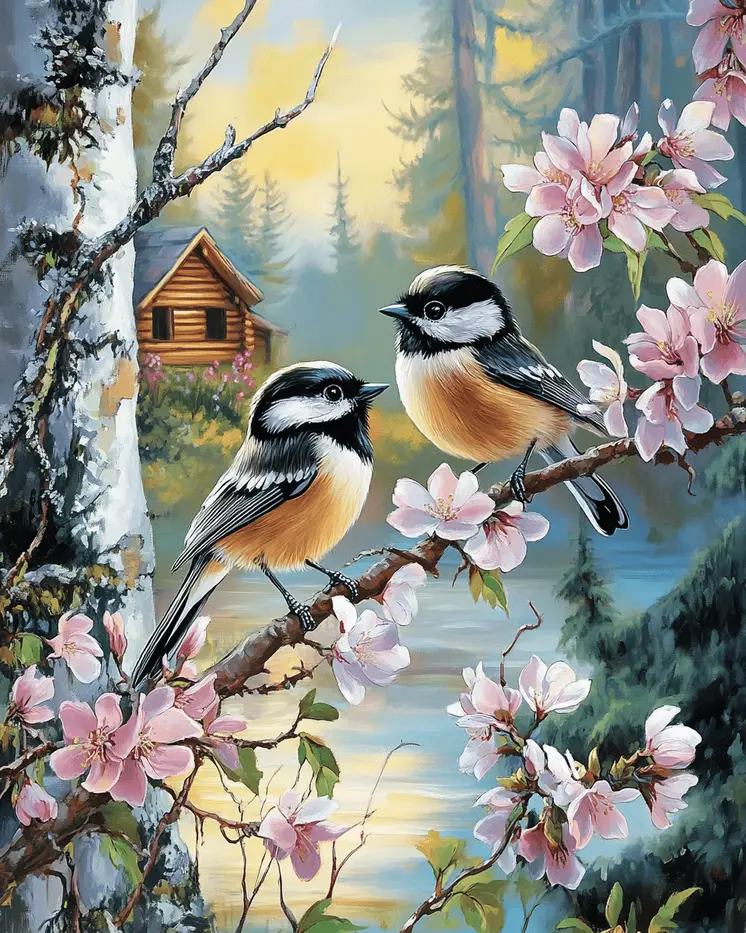 Pair of Chickadees in Homestead Yard - Log Cabin Companions Wall Art Prints – 8″x10″ Artwork for 11″x14″ Frame
