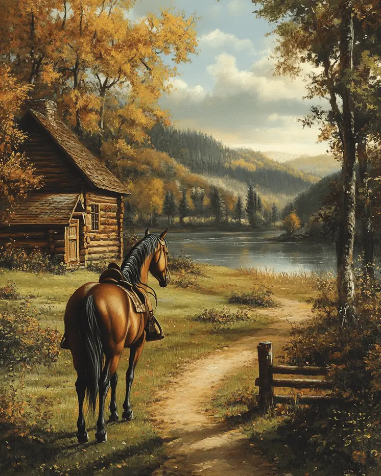 Horse Awaiting - Log Cabin Companions Wall Art Prints – 8″x10″ Artwork for 11″x14″ Frame