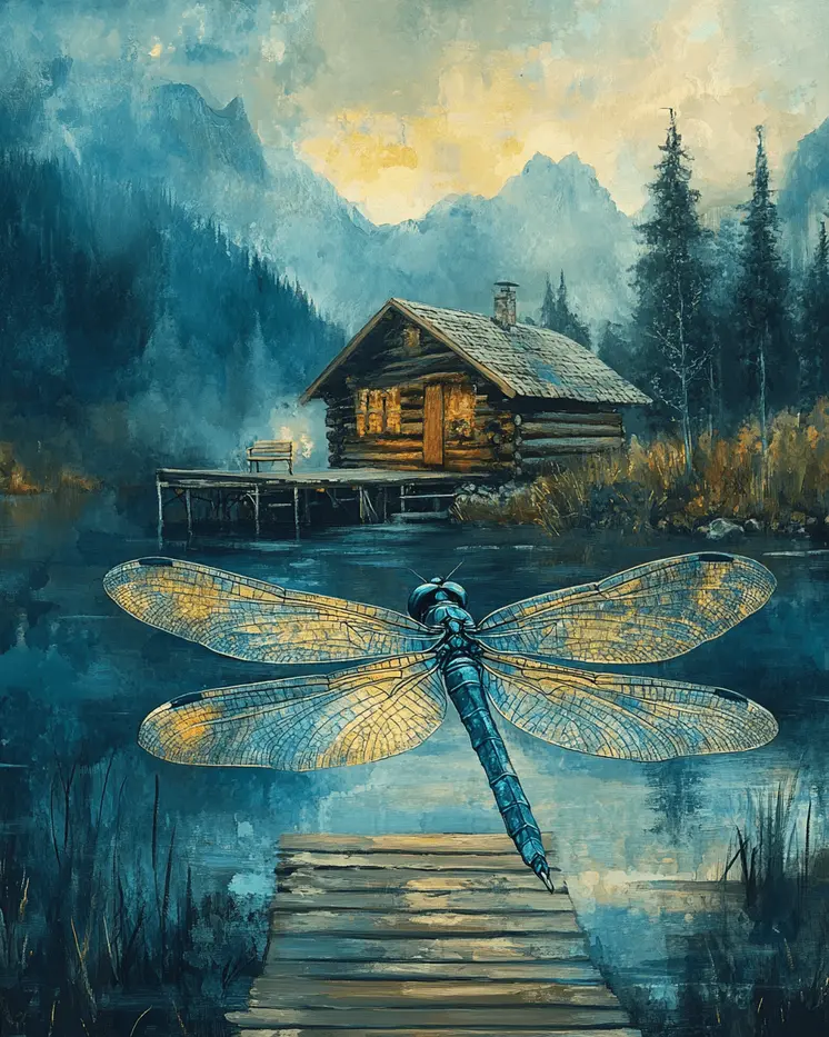 Evening Dragonfly - Log Cabin Companions Wall Art Prints – 8″x10″ Artwork for 11″x14″ Frame
