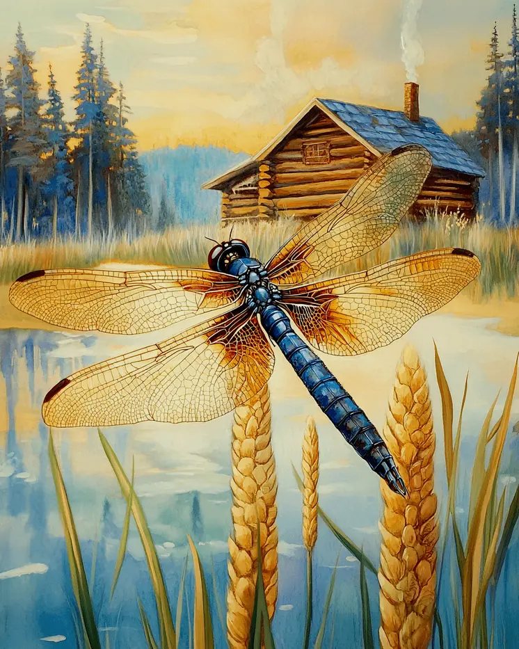 Dragonfly with Cabin - Log Cabin Companions Wall Art Prints – 8″x10″ Artwork for 11″x14″ Frame