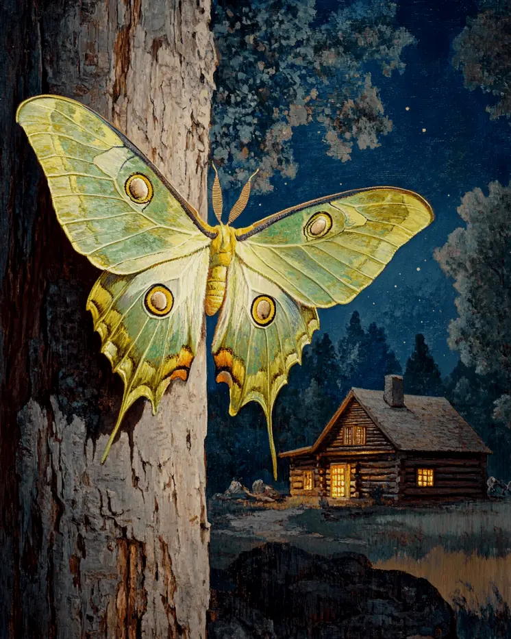 Luna Moth and Cabin - Log Cabin Companions Wall Art Prints – 8″x10″ Artwork for 11″x14″ Frame