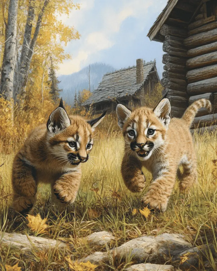 Mountain Lion Cubs Playing - Log Cabin Companions Wall Art Prints – 8″x10″ Artwork for 11″x14″ Frame