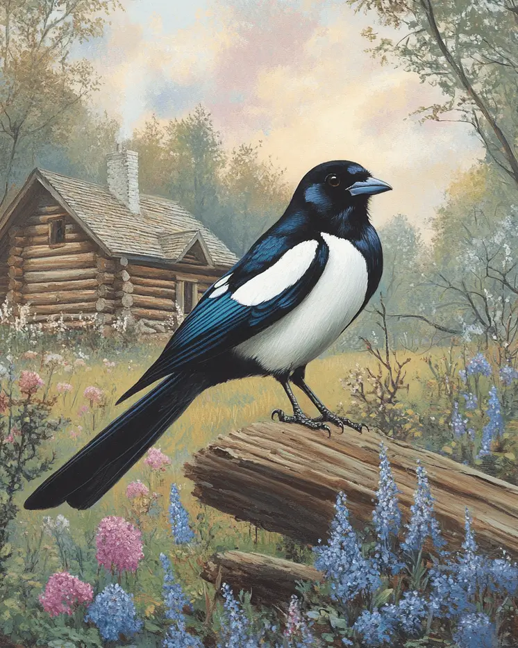 Magpie by Homestead - Log Cabin Companions Wall Art Prints – 8″x10″ Artwork for 11″x14″ Frame