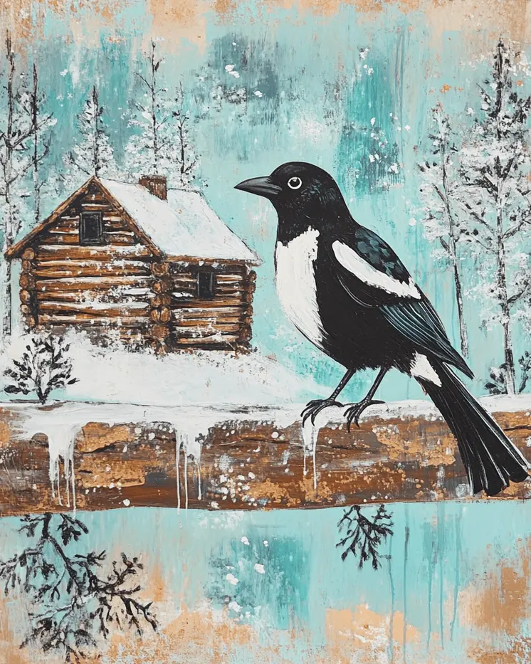 Folk Art Magpie by Homestead - Log Cabin Companions Wall Art Prints – 8″x10″ Artwork for 11″x14″ Frame
