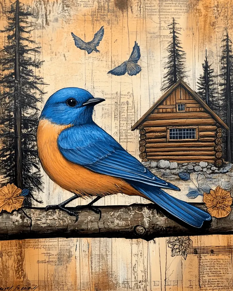 Folk Art Bluebird by Homestead - Log Cabin Companions Wall Art Prints – 8″x10″ Artwork for 11″x14″ Frame