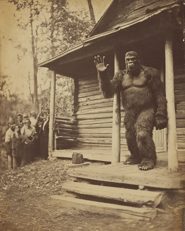 Bigfoot on the Porch Waving - Log Cabin Companions Wall Art Prints – 8″x10″ Artwork for 11″x14″ Frame