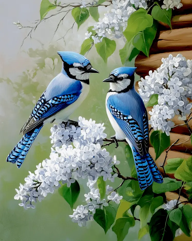 Blue Jays on Lilac by Homestead - Log Cabin Companions Wall Art Prints – 8″x10″ Artwork for 11″x14″ Frame