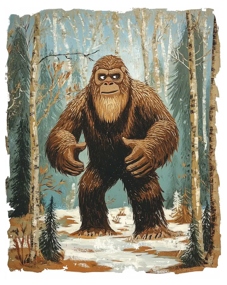 Bigfoot Collograph Print - Bigfoot Folk Art Prints – 8″x10″ Artwork in 11″x14″ Mat