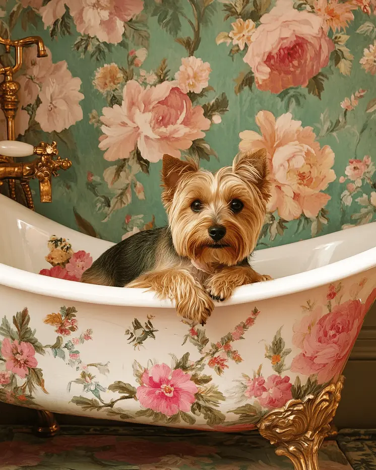 Yorkshire Terrier in Floral Bathtub - Pet Dog Still Life Wall Art Prints – 8″x10″ Artwork for 11″x14″ Frame