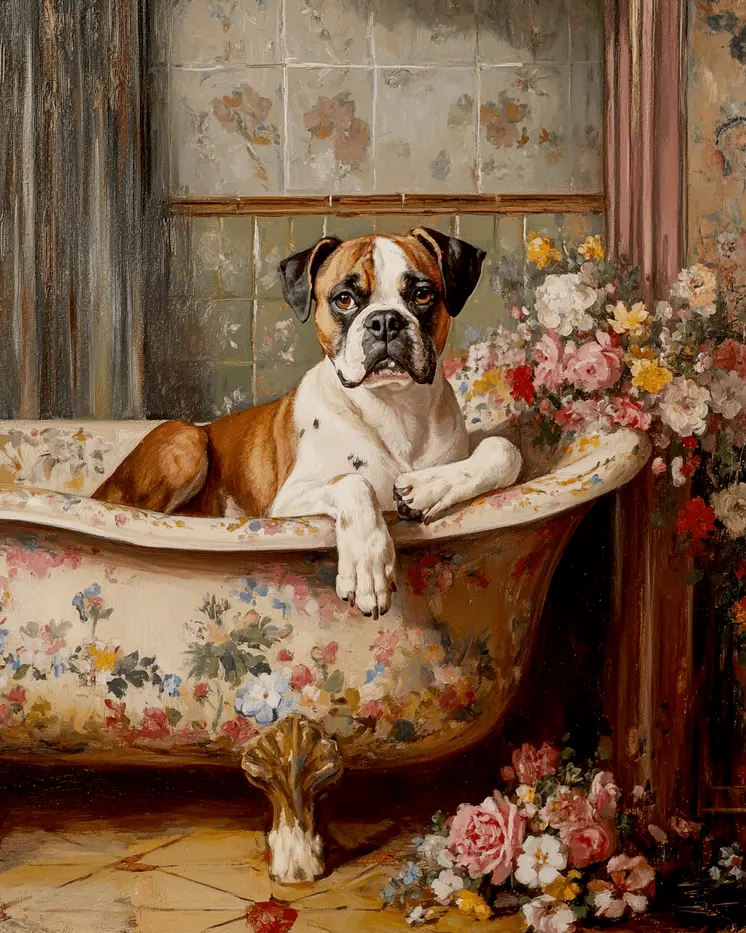 Boxer in Bathtub - Pet Dog Still Life Wall Art Prints – 8″x10″ Artwork for 11″x14″ Frame