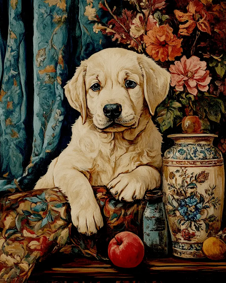 Golden Retriever Puppy Relaxing - Pet Dog Still Life Wall Art Prints – 8″x10″ Artwork for 11″x14″ Frame