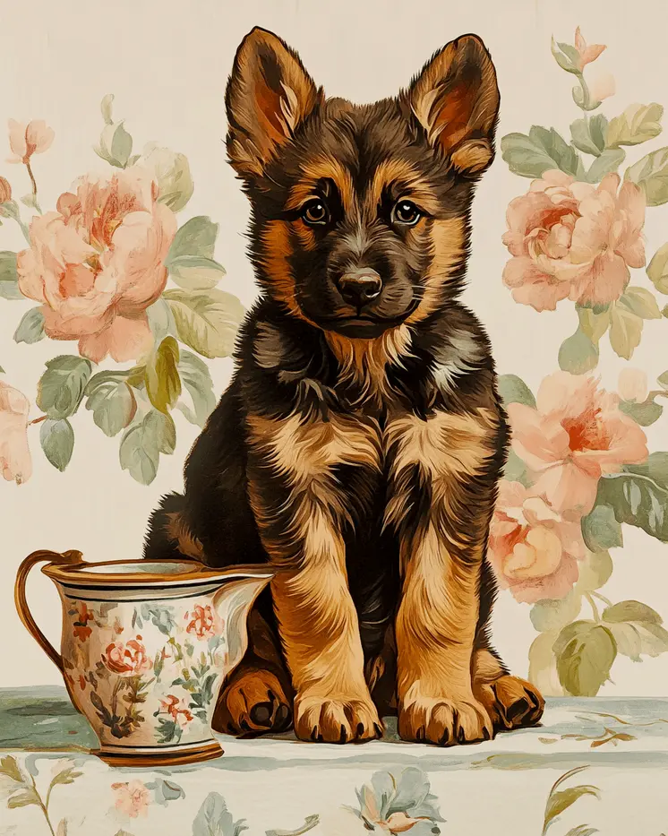 German Shepherd Puppy with Picher - Pet Dog Still Life Wall Art Prints – 8″x10″ Artwork for 11″x14″ Frame
