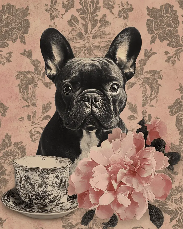 Pink with Brindle French Bulldog - Pet Dog Still Life Wall Art Prints – 8″x10″ Artwork for 11″x14″ Frame