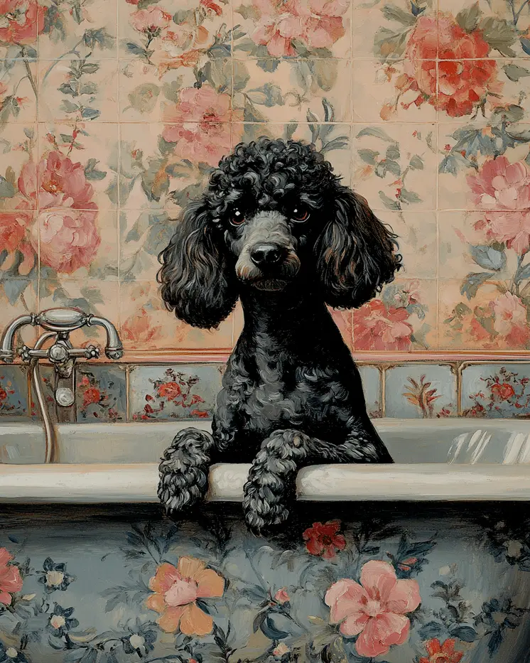 Poodle in Bathtub - Pet Dog Still Life Wall Art Prints – 8″x10″ Artwork for 11″x14″ Frame
