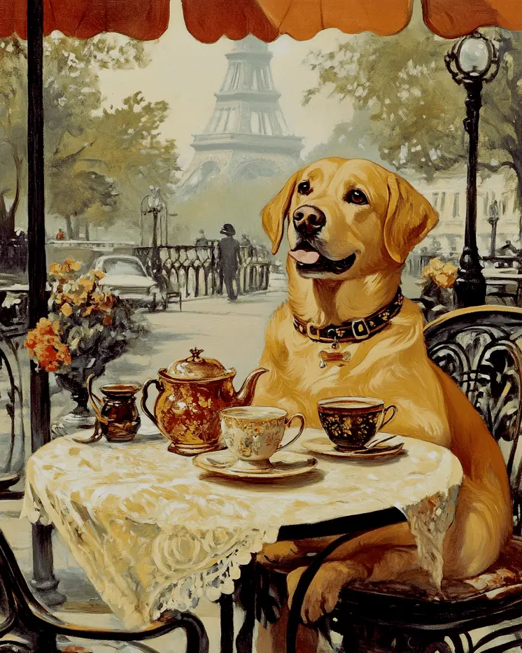 Labrador Retriever at a Paris Cafe - Pet Dog Still Life Wall Art Prints – 8″x10″ Artwork for 11″x14″ Frame