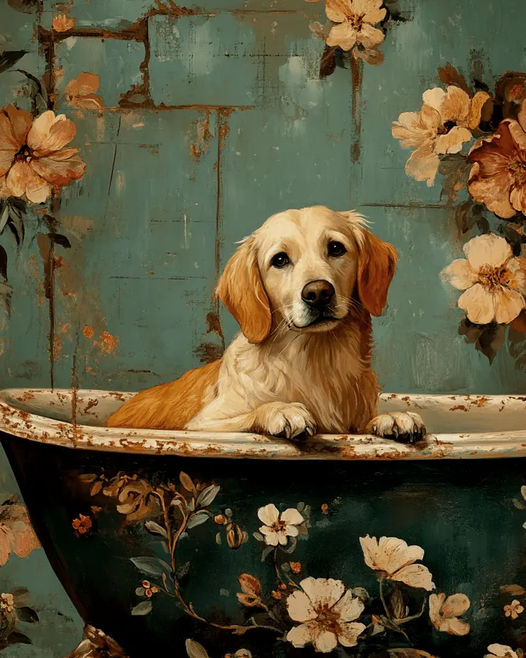 Golden Retriever Puppy in a Bathtub - Pet Dog Still Life Wall Art Prints – 8″x10″ Artwork for 11″x14″ Frame
