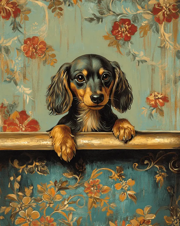 Dachshund in Bathtub - Pet Dog Still Life Wall Art Prints – 8″x10″ Artwork for 11″x14″ Frame