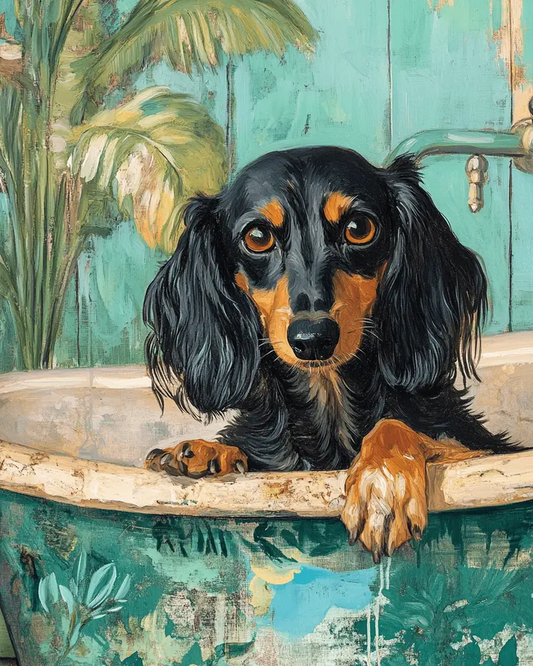 Dachshund Puppy in Bathtub - Pet Dog Still Life Wall Art Prints – 8″x10″ Artwork for 11″x14″ Frame
