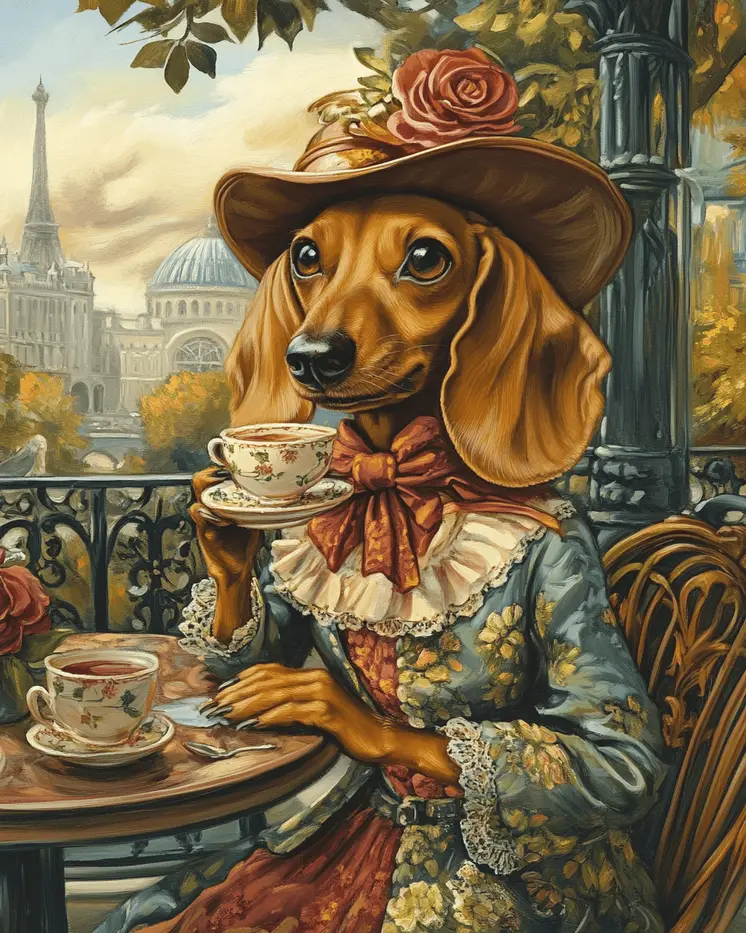 Lady Dachshund at Paris Cafe - Pet Dog Still Life Wall Art Prints – 8″x10″ Artwork for 11″x14″ Frame