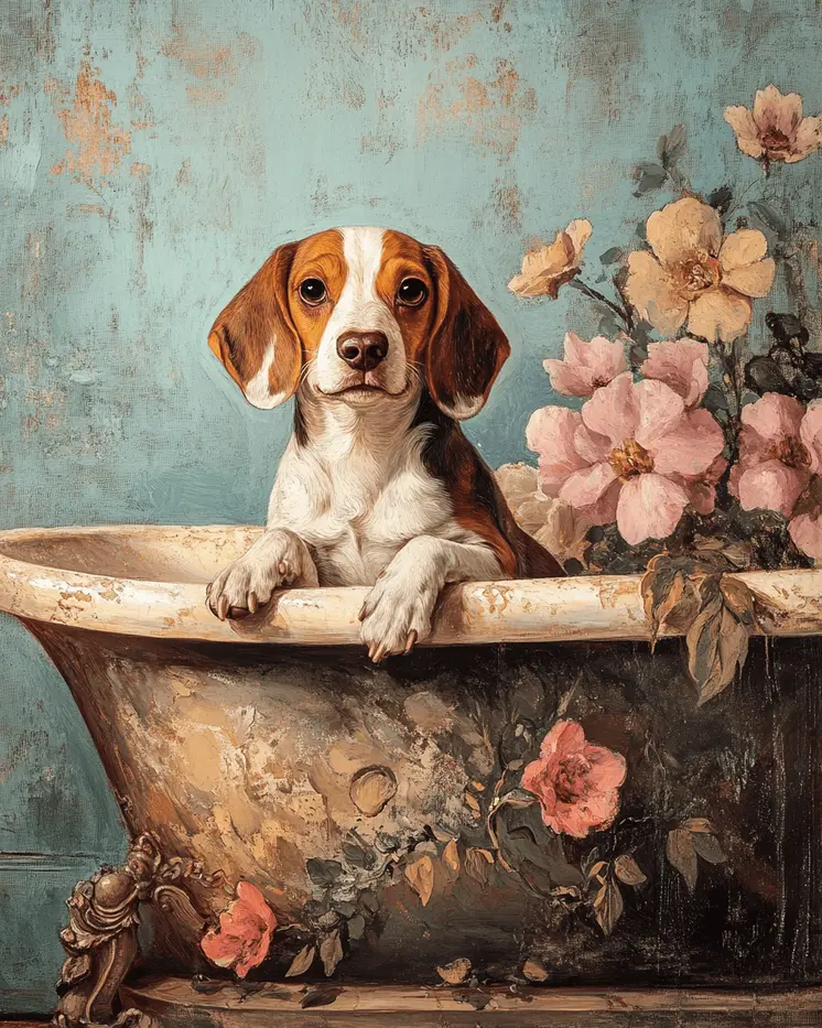 Beagle in Bathtub - Pet Dog Still Life Wall Art Prints – 8″x10″ Artwork for 11″x14″ Frame