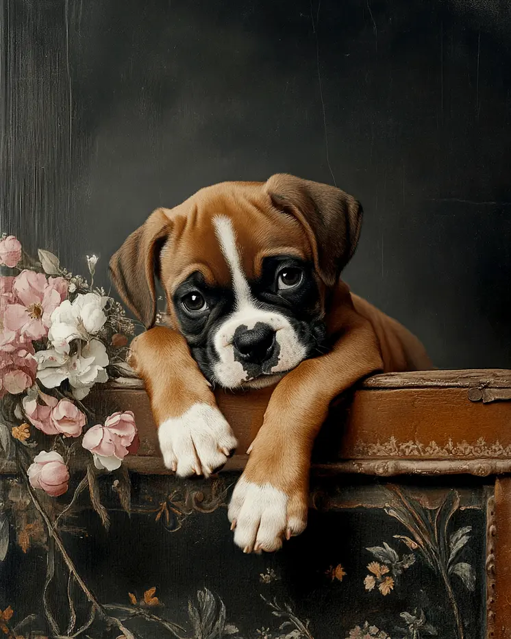 Sad Boxer Puppy - Pet Dog Still Life Wall Art Prints – 8″x10″ Artwork for 11″x14″ Frame