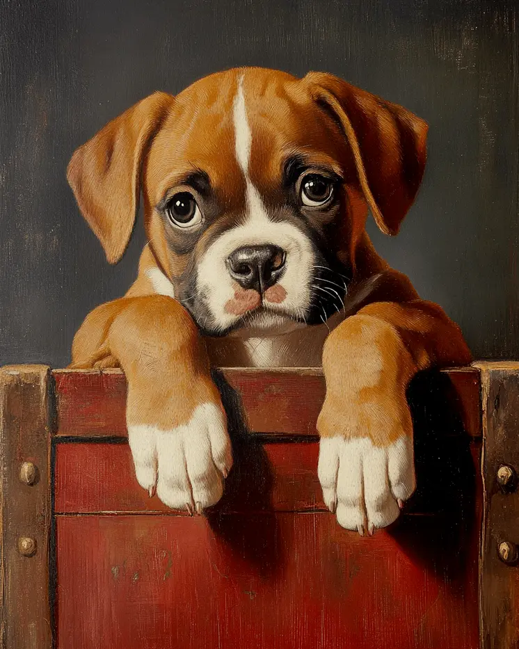 Boxer Puppy Over a Barrel - Pet Dog Still Life Wall Art Prints – 8″x10″ Artwork for 11″x14″ Frame