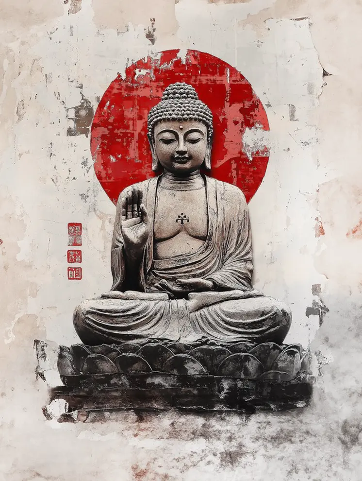 Red Sun Buddha - Zen Art for Meditation Home Decor Wall Art Prints – 8″x10″ Artwork – 11″x14″ Matte