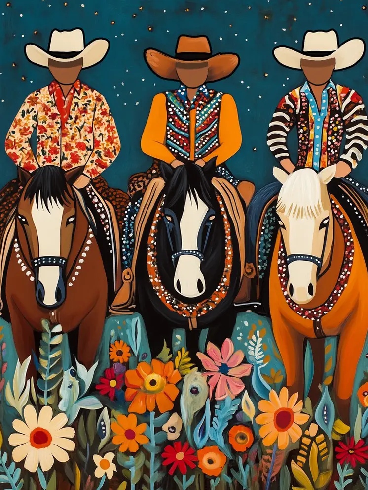 Three Cowboys at Twilight Folk Art - Cowgirl and Cowboy Folk Art Prints  8"x10" Artwork for 11"x14" Frame