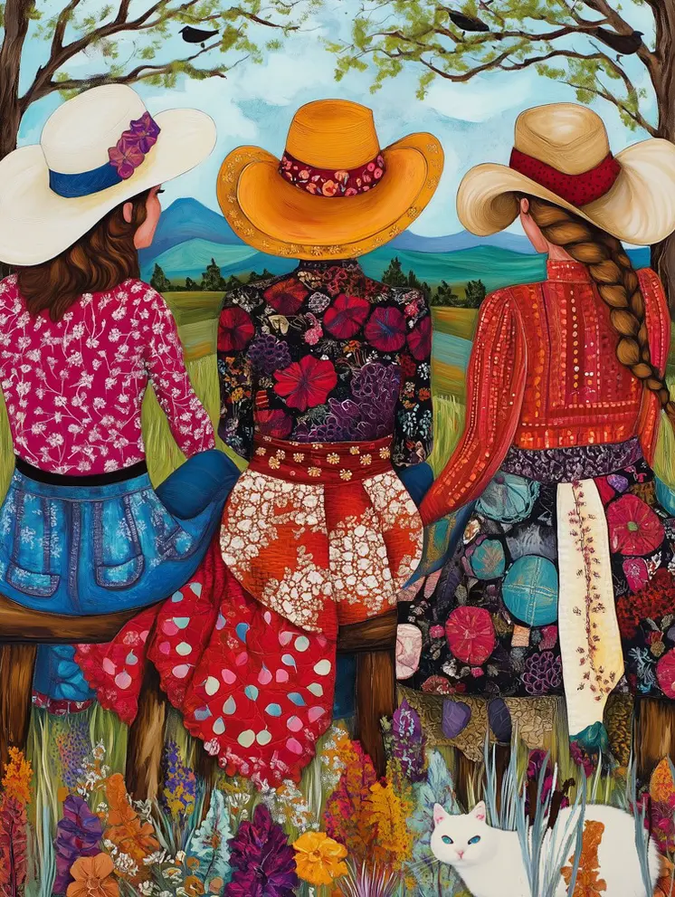 Three Cowgirls on a Fence - Cowgirl and Cowboy Folk Art Prints  8"x10" Artwork for 11"x14" Frame