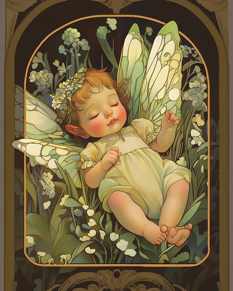 Art Nouveau Baby Fairy Sleeping - Fairies Wall Art Prints – 8″x10″ Artwork for 11″x14″ Frame