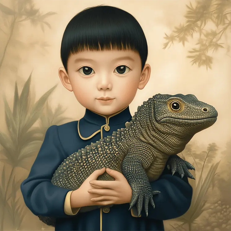 Boy with Komodo Dragon Pet: Big Eyes, Low Brow, High Brow Art Wall Prints 8"x10" for 11" x 14" Frames
