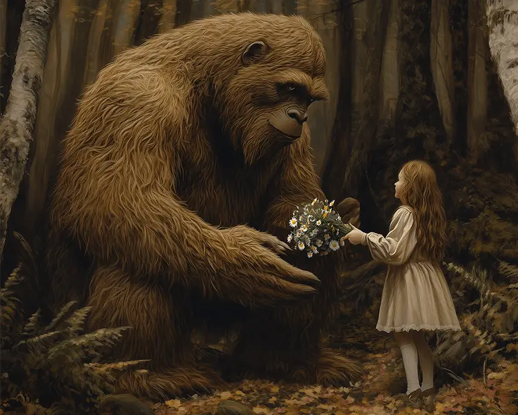 Bigfoot and the Gift - Bigfoot and Sasquatch Wall Art Prints – 8″x10″ Artwork in 11″x14″ Mat