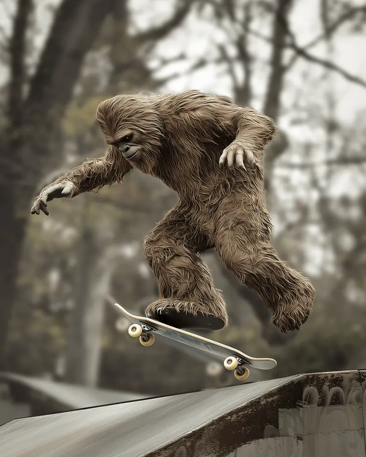 Bigfoot Skateboarding - Bigfoot and Sasquatch Wall Art Prints – 8″x10″ Artwork in 11″x14″ Mat