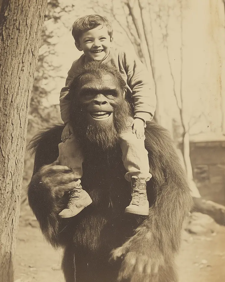 Bigfoot Vintage Photo Piggyback - Bigfoot and Sasquatch Wall Art Prints – 8″x10″ Artwork in 11″x14″ Mat